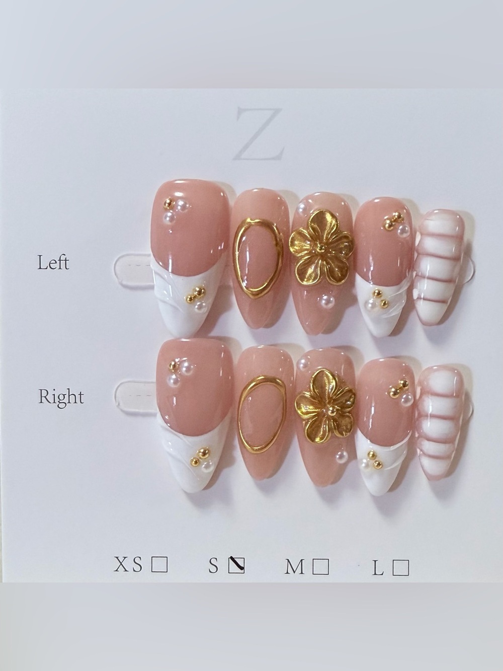 Neutral Pink and White Floral 3D Press-On Nails with Gold Accents